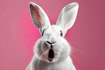 Fototapeta premium A close-up of an adorable white rabbit with a surprised expression on a vivid pink background