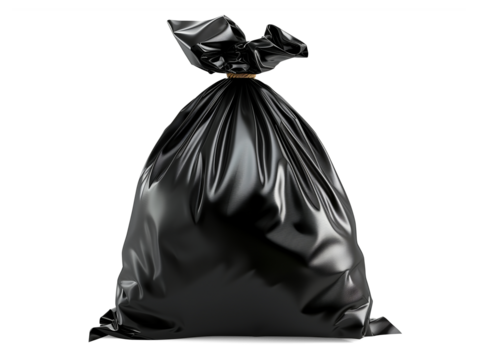 Black garbage bag isolated on transparent or white background, png
