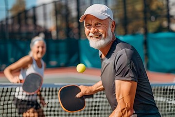 Cheerful senior man with a cap playing pickleball on an outdoor court, engaging with a younger player