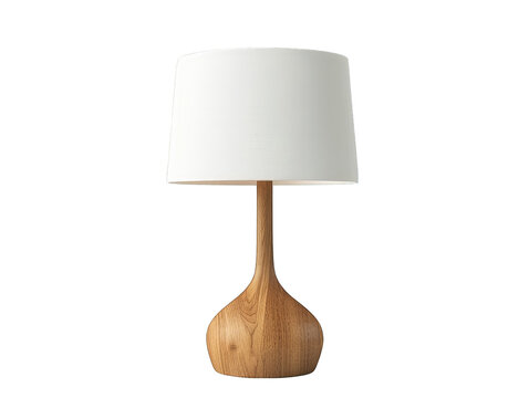 A modern wooden table lamp with a white lampshade. The lamp is isolated on a black background.