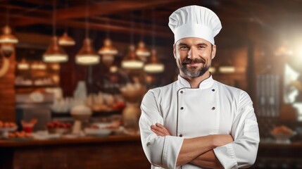 A friendly and skilled chef in white attire and a hat, posing with a confident smile and crossed arms, highlighting the dedication and expertise in the culinary profession