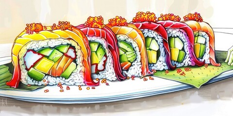 Detailed line art of a colorful plate of rainbow sushi rolls, with layers of vibrant fish, avocado, and cucumber wrapped in sushi rice and nori, topped with tobiko for a pop of color.
