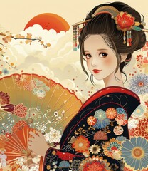 A beautiful Japanese woman in a kimono holding a fan with a floral pattern.