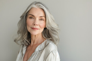 Fototapeta premium Portrait of an elegant mature woman with grey hair, confidence and beauty. Skin care and wellness concept, copy space