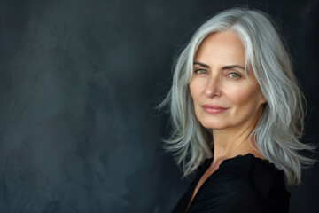 Fototapeta premium Portrait of an elegant mature woman with grey hair, confidence and beauty. Skin care and wellness concept, copy space