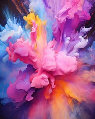 Fototapeta premium An energetic explosion of multicolored powders, including bright blues, pinks, yellows, and purples, set against a dark background, representing the beauty and chaos of artistic expression