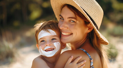 Mother and son with white sunscreen on face skin. Parent and child standing outdoors on sand beach, sunburn body protection lotion, sunblock, healthy, adult woman and little toddler boy