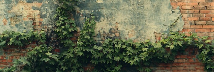 Overgrown ivy creates an organic contrast against the texture of old brickwork on an aged wall