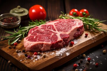 A closeup of a raw steak with intricate marbling, placed on a rustic wooden board with fresh vegetables and seasoning, highlighting the freshness and quality of the meat