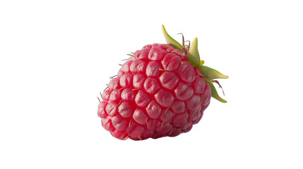 A single, ripe raspberry with a green stem, isolated on a black background.