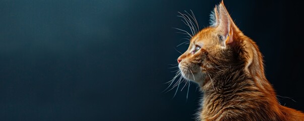 Photo of ginger cat on a blue pastel background, copy space. The ad banner shows a side view, side portrait of a cute orange kitten