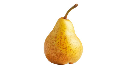 A single, ripe pear isolated on a black background. The pear has a yellow skin and a green stem.