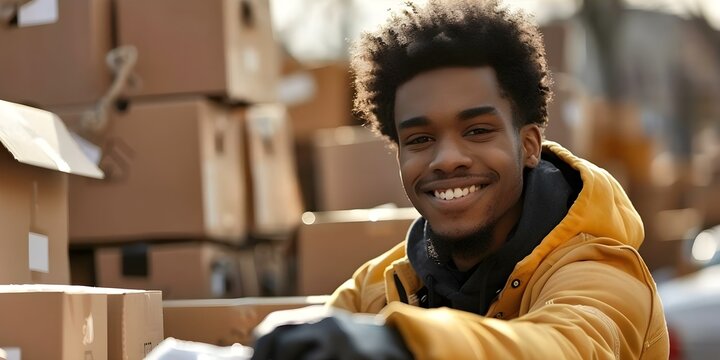 Cheerful volunteer assisting with donations at charitable foundation. Concept Community Service, Volunteer Work, Nonprofit Organizations, Donation Drive, Helping Others