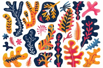 Obraz premium Whimsical vector illustration of botanical elements on a white background, emphasizing nature and environmental themes with vibrant colors