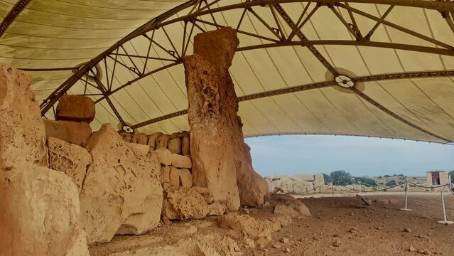 Temple structure, Hagar Qim megalithic temple complex ruins in Qrendi, on the Mediterranean island of Malta, dating from the Ggantija phase. High quality 4k footage
