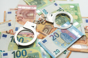 Pair of metal police handcuffs on Euros banknotes money cash background. Corruption, dirty money,...