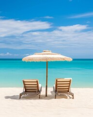 Fototapeta premium A tranquil beach view with two wooden sunbeds shaded by a white umbrella on soft white sand, overlooking calm turquoise waters and a bright blue sky