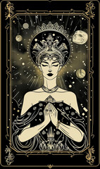 A celestial woman with a crown and third eye, surrounded by planets and stars, holding her hands in prayer.