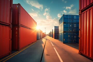 Fototapeta premium Pathway between stacked shipping containers in an industrial port, sunrise casting long shadows, focus on container logistics and cargo storage, vibrant and orderly visual