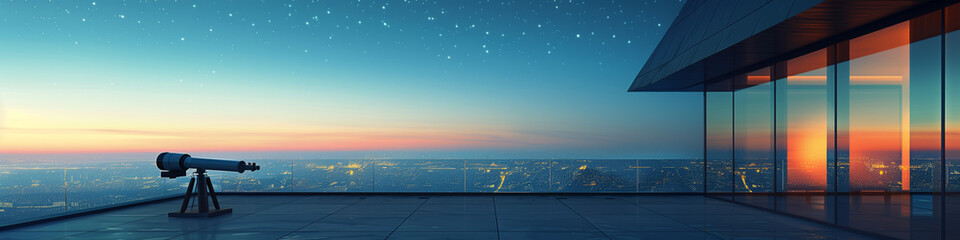 Modern minimalist telescope on a rooftop observing the night sky