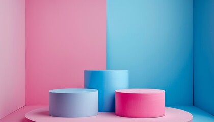 Modern product podium in sky blue and bubblegum pink. Rule of thirds composition with minimal design, perfect for advertising product photography.
