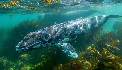 Fototapeta premium World Ocean Day Majestic Sea Whale Swimming Gracefully in Closeup Shot