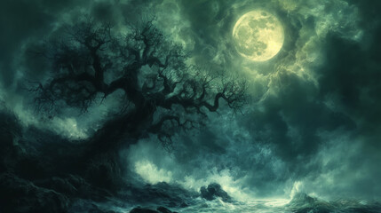 A dark fantasy of an old tree in the middle, a stormy sea with crashing waves below it, a full moon shining through clouds above, an eerie green glow from behind creating a dark and mysterious mood.