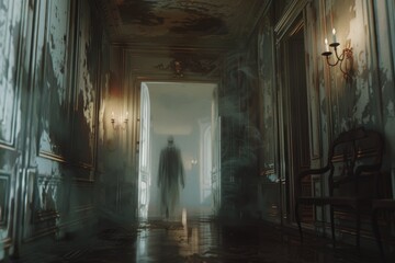 Spooky Mansion Corridor with Ghostly Apparition - Perfect for Halloween Themes and Scary Story Illustrations