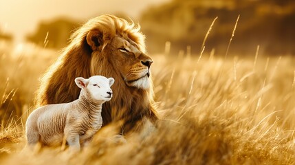 Lion and Lamb in a Golden Field, Symbol of Peace and Harmony