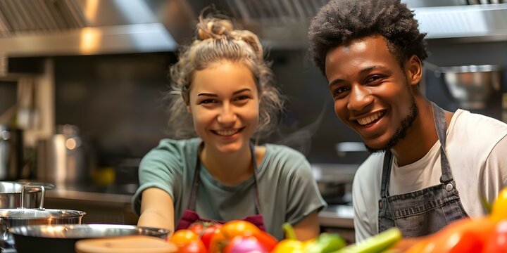 Young interracial couple cooking together in the kitchen. Concept Relationships, Cooking, Interracial, Hobbies, Bonding