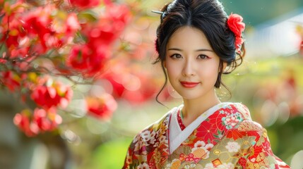 Portrait of a beautiful Japanese woman in traditional kimono