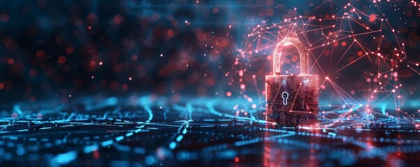 Futuristic padlock with digital interface, symbolizing network security and fraud prevention, on a dark blue matrix background CGI style