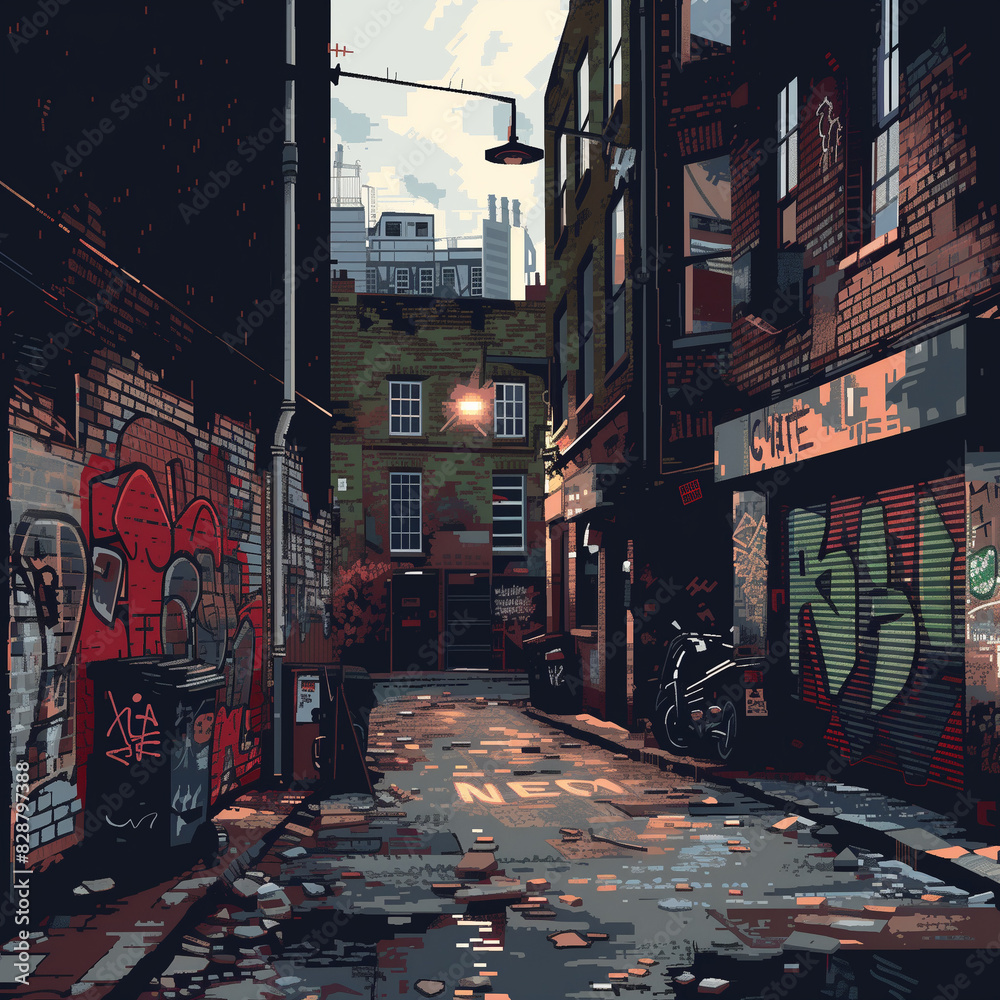 Wall mural Gritty pixel art of a London street, dark and detailed urban scene