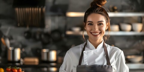 Smiling Female Chef in Apron Displaying Confidence in Kitchen Setting. Concept Cooking Skills, Culinary Expertise, Kitchen Confidence, Apron Fashion, Culinary Creativity