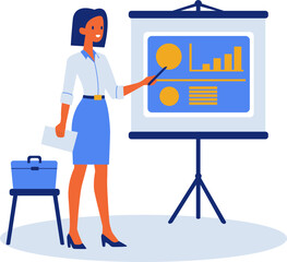 Flat vector illustration. Girl standing in front of a flip chart and giving a presentation