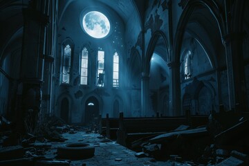 Abandoned Gothic Cathedral at Midnight with Full Moon - Perfect for Dark and Eerie Themes
