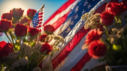 Naklejka premium background for a close up photo of the American flag and beautiful flowers