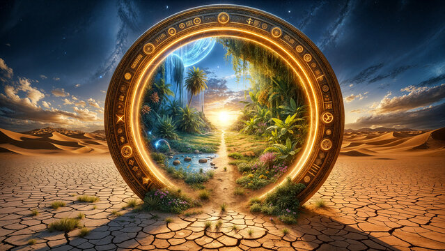 Heaven's Gate, mystical round portal in desert leads to lush, vibrant paradise garden filled with tropical plants. Fantasy, adventure, escapism and nature concept.