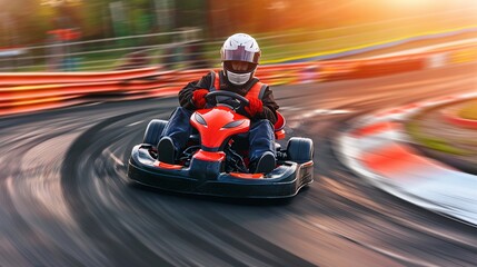 Thrilling go-kart race with a driver cornering at high speed on a track.
