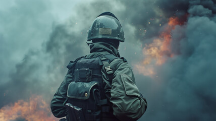 A soldier in full combat gear, including a helmet and backpack, stands facing a scene of thick smoke and flames.