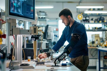 Advanced Prosthetics Workshop: Man with Modern Prosthetic Arms Using High-Tech Adjustment Tools for Precision and Comfort