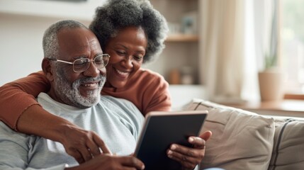 Senior couple uses iPad to video contact family and friends on sofa at home. Happy elderly grandparents Enjoy retirement by laughing and smiling.