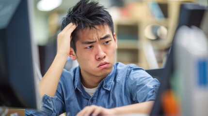 Asian man, stressed and exhausted with laptop at office for malfunction, problem, proposal, idea, or burnout. Businessman, computer, feeling frustrated, unhappy, and headache at work.