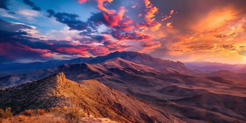 Fototapeta premium Breathtaking sunset casting vivid colors over a rugged mountainous landscape