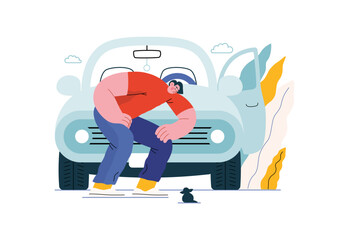 Mutual Support: Adopting a stray animal -modern flat vector concept illustration of man stopping his car for a kitten on the road A metaphor of voluntary, collaborative exchanges of resource, services