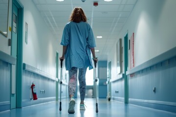 Post-Operative Recovery: Middle-Aged Woman Learning to Walk Using Crutches in Hospital Corridor