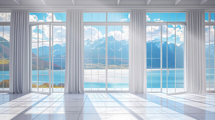 Fototapeta premium Large empty room with large floor-to-ceiling windows, view of the mountains from the window