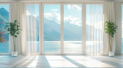 Fototapeta premium Large empty room with large floor-to-ceiling windows, view of the mountains from the window