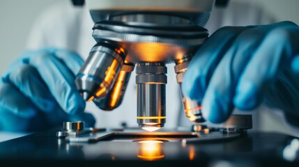 Lab science, microscope, and scientist's hands doing research, experiment, or test. Innovation, biotechnology, and female lab researcher with equipment.