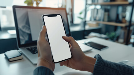 Businesswoman with Green Screen Chroma Key Smartphone in Office, Businessperson using Internet, Social Media, Online Shopping with Mobile Phone Device, generative ai